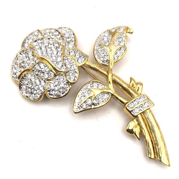 NOLAN MILLER Large Pave Rhinestone Rose Flower Gold Tone Pin Brooch 4" - Picture 10 of 10